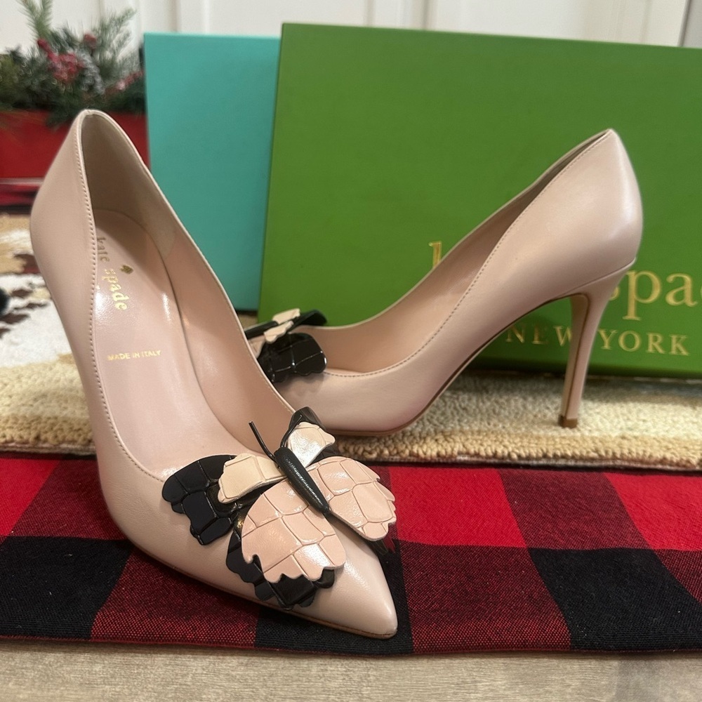New Kate Spade Laurie Heels Butterfly Women’s 6.5 w/ Box Pale Pink Nappa Leather - Picture 6 of 16